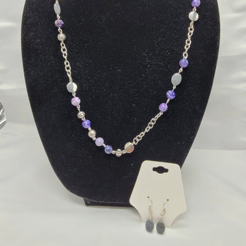 Silver and purple necklace and earring set